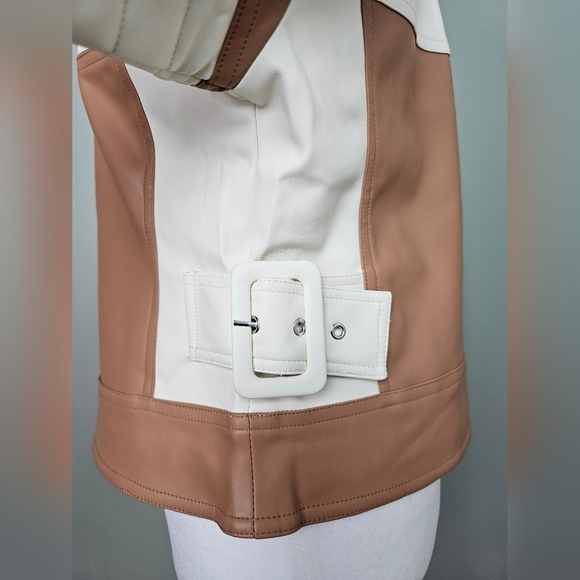 Vegan Leather Striped Color-block Moto Jacket Brown White MEDIUM - Picture 7 of 14